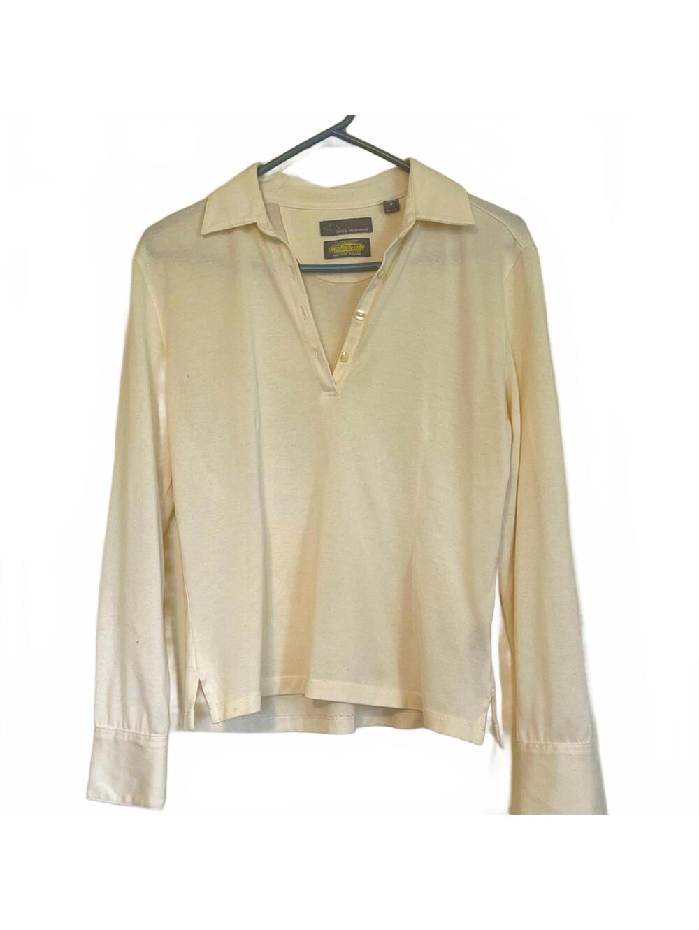 Greg Norman Collection Cream Long Sleeve Polo Golf Performance Shirt